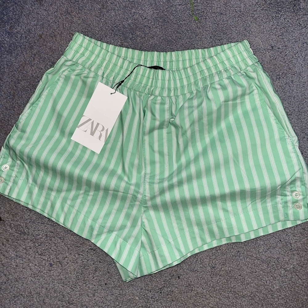 Zara Light Green and White Striped Shorts